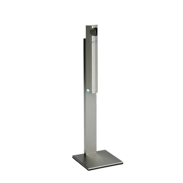 Standaschenbecher aus Edelstahl mit quadratischem Standfuß und zylindrischem Auffangbehälter.