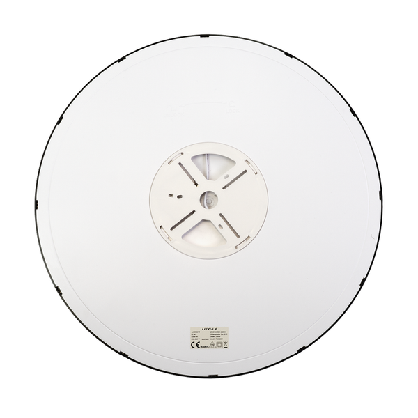 Rückansicht einer runden LED-Deckenleuchte mit Montagehalterung und technischem Typenschild.