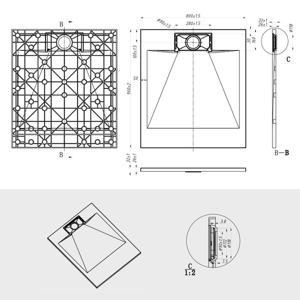 Technische Zeichnung einer Duschwanne mit Abmessungen 800 mal 900 Millimeter, Draufsicht, Unterseite, Seitenansicht und Detailzeichnungen.