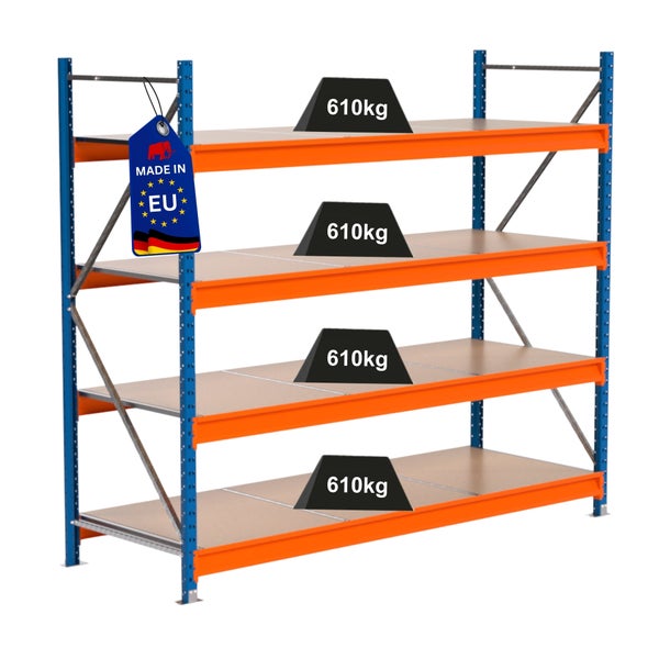 Lagerregal mit vier Ebenen und einer Traglast von 610 Kilogramm pro Ebene, Hergestellt in EU Siegel