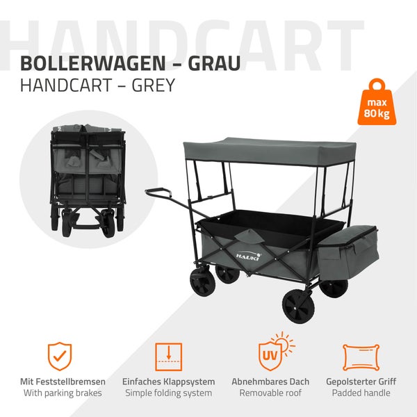 Hauki Bollerwagen L faltbar mit Dach, Grau, Handwagen klappbar, Transportwagen für Kinder, Gerätewagen inkl. 2x Netztaschen und 1x Außentasche, Vorderrad-Bremse, bis 80 kg, Transportkarre Kinderwagen