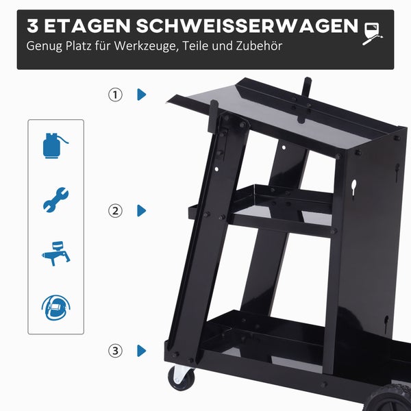DURHAND, Schweißwagen, Schweißgerätwagen mit 3 Regalen, 71L x 39B x 70Hcm, Stahl, Schwarz