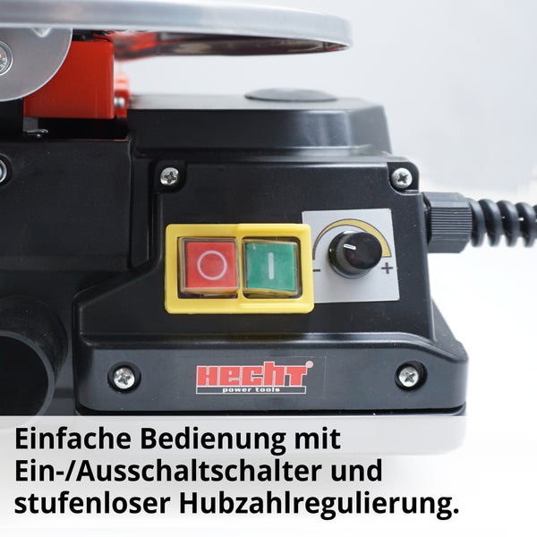 Hecht Power Tools Logo auf Fliesenschneider mit Ein- und Ausschalter sowie stufenloser Hubzahlregulierung.