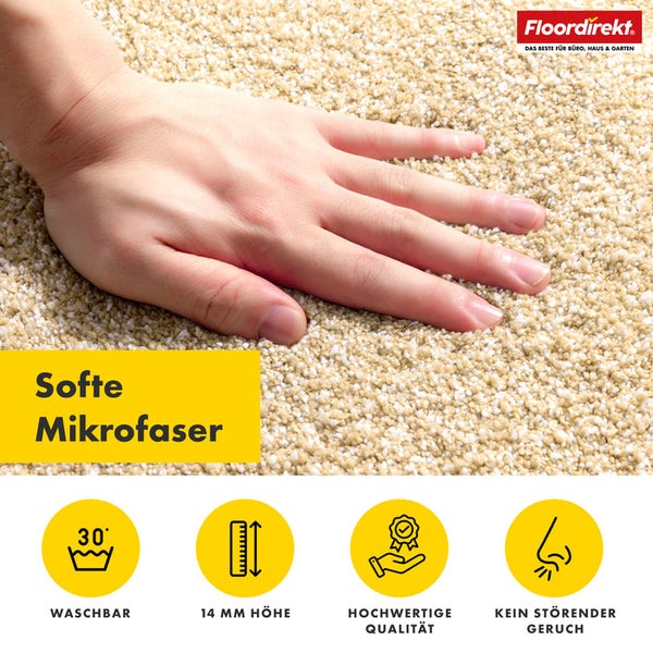 Teppich aus weicher Mikrofaser mit Hand darauf, waschbar bei 30 Grad, 14 Millimeter Höhe, hochwertige Qualität, kein störender Geruch, Floor Direkt Logo