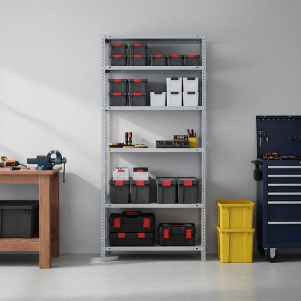 Organisierte Werkstatt mit Metallregal, Holzwerkbank mit Schraubstock, blauem Werkstattwagen und diversen Aufbewahrungsboxen aus Kunststoff.