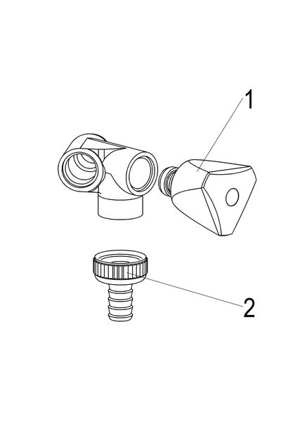 Technische Illustration eines Ventils mit Gehäuse, dreieckigem Griff (Nummer 1) und Schlauchanschluss (Nummer 2).