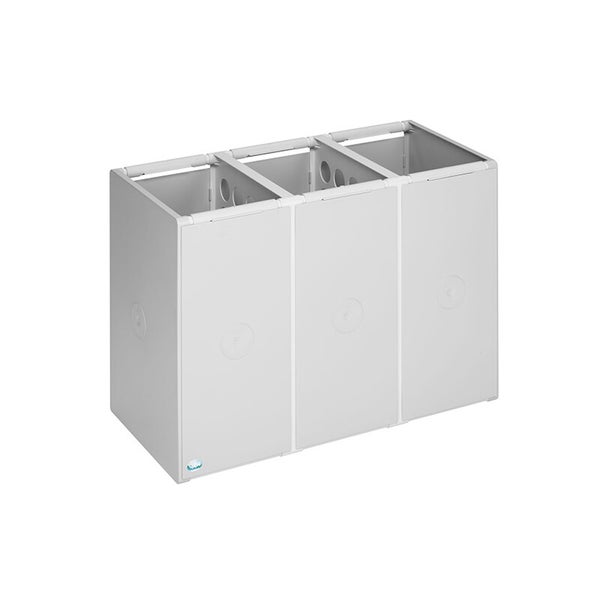 Dreiteiliges Abfalltrennsystem aus Kunststoff in Grau mit modularer Bauweise für die Mülltrennung.
