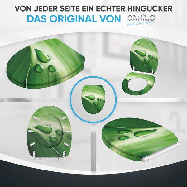 Sanilo Toilettensitz mit grünem Blatt-Motiv und Wassertropfen in verschiedenen Ansichten. Sanilo Logo.