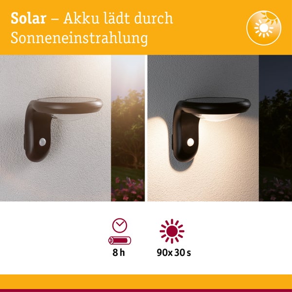 Solar-LED-Wandleuchte mit Bewegungsmelder, 8 Stunden Akkulaufzeit, leuchtet bis zu 90 Mal für 30 Sekunden bei Bewegung.