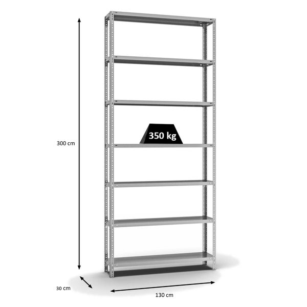 PROREGAL Fachbodenregal Schraubsystem Heavy-Duty Grundregal HxBxT 300 x 130 x 30 cm 7 Ebenen Fachlast 350 kg Beidseitig Nutzbar Verzinkt