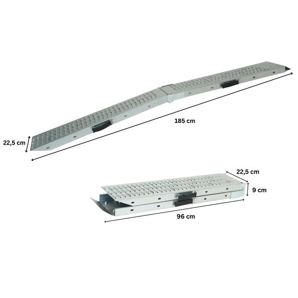 Klappbare Auffahrrampe aus Metall mit Tragegriffen. Ausgeklappt: 185 Zentimeter lang, 22,5 Zentimeter breit. Zusammengeklappt: 96 Zentimeter lang.