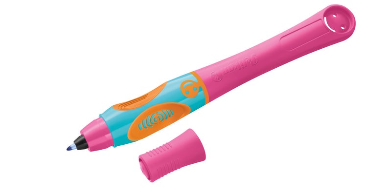 Pinker Pelikan griffix Tintenroller für Rechtshänder mit blau-oranger ergonomischer Griffzone, Smiley-Detail und abgenommener Kappe.