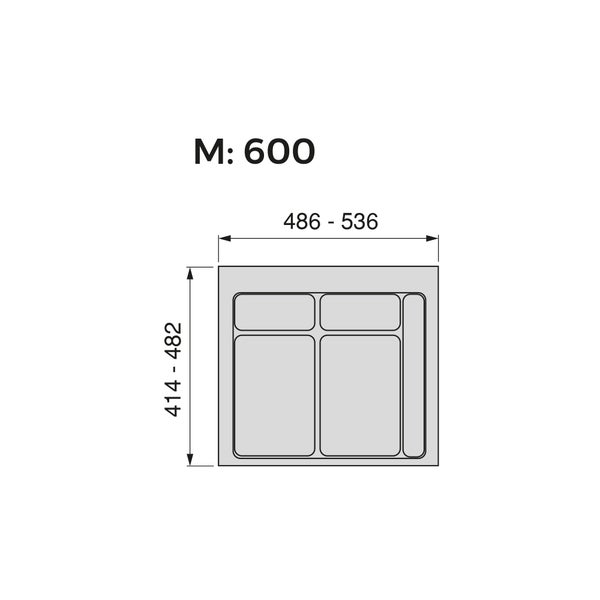 Maßzeichnung Besteckkasten für 600 Millimeter Schubladenbreite, Breite 486 bis 536, Tiefe 414 bis 482.