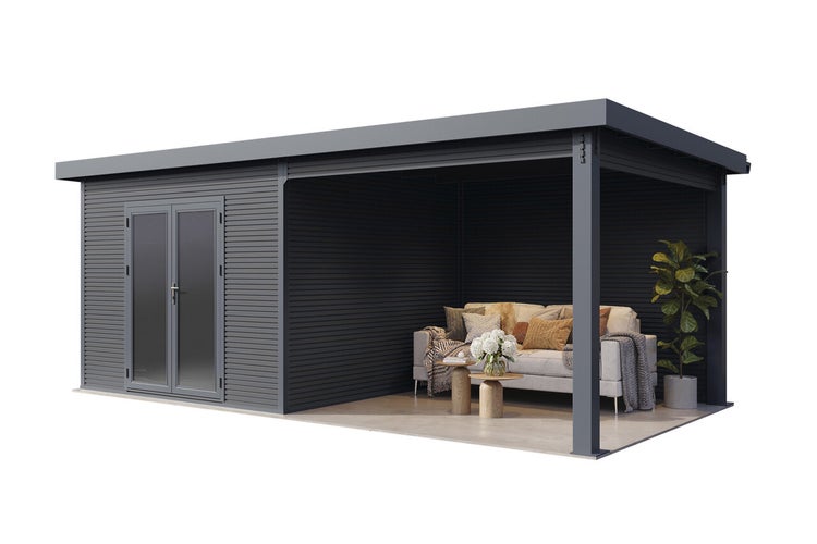 Modernes Gartenhaus mit überdachter Terrasse, Flügeltür mit Glaseinsätzen und gemütlicher Lounge-Ecke im Freien.