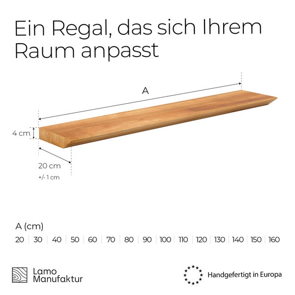 Holz Wandregal mit Maßen 4 Zentimeter Stärke und 20 Zentimeter Tiefe, verschiedene Längen von 20 bis 160 Zentimeter, Lamo Manufaktur Logo.