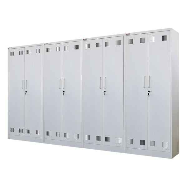 Reihe von vier Stahlschränken mit Türen und Schlössern