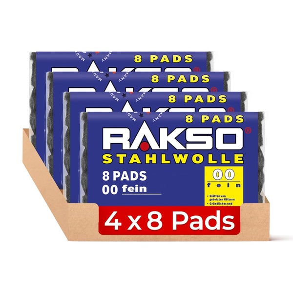 Rakso Stahlwolle Sorte 00 fein, Vorteilspackung mit 4 Packungen zu je 8 Pads.