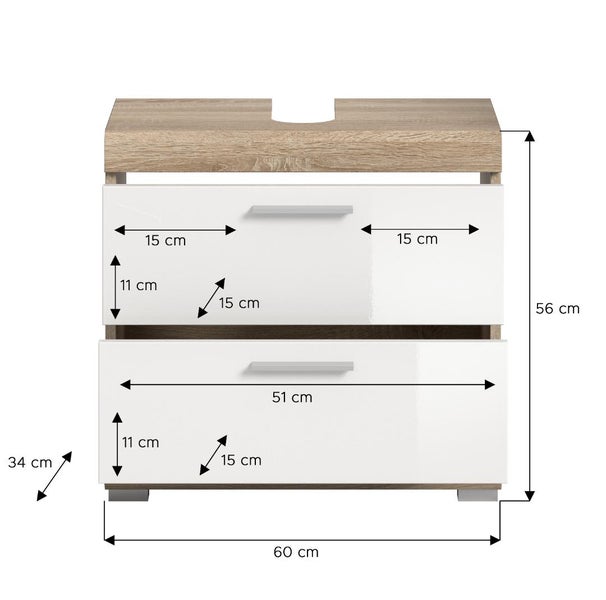 Waschbeckenunterschrank mit zwei weißen Schubladen und Holzdekor mit Maßangaben: 60 Zentimeter Breite, 56 Zentimeter Höhe, 34 Zentimeter Tiefe.