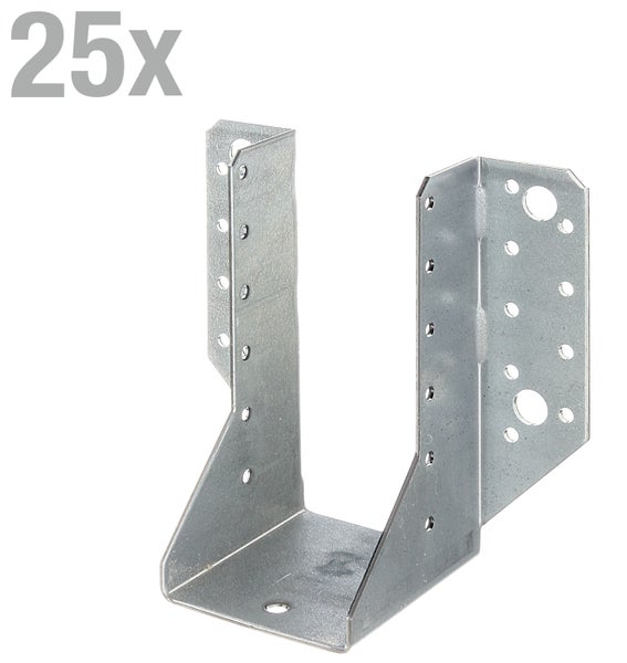 Set mit 25 Balkenschuhen aus verzinktem Stahl zur stabilen Verbindung von Holzbalken im konstruktiven Holzbau