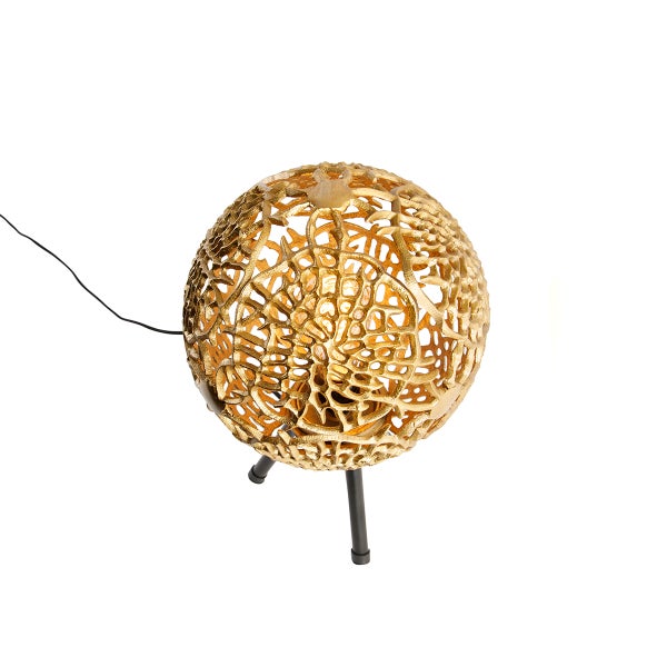 Dekorative goldfarbene Tischleuchte mit filigranem Design und schwarzem Stativ