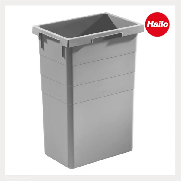 Hailo Abfalleimer aus Kunststoff in Grau mit rechteckiger Form und seitlichen Griffmulden sowie Hailo Logo.