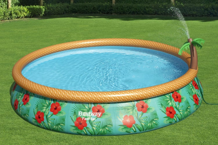Bestway Fast Set Aufblaspool mit tropischem Design und integriertem Palmen-Wassersprüher.