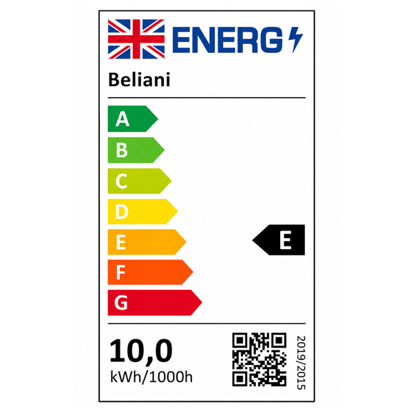Energieeffizienzlabel fuer Beliani Produkt mit Effizienzklasse E und Verbrauch von 10 Kilowattstunden pro 1000 Stunden