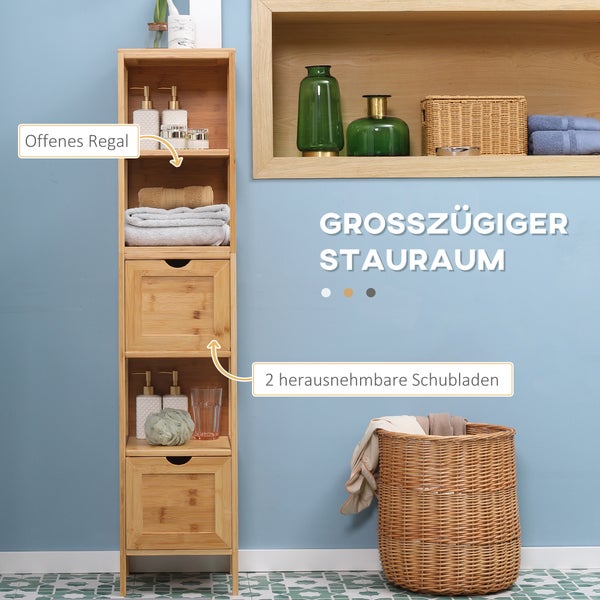 kleankin Badezimmerschrank Badschrank Aufbewahrungsschrank mit Kippschutz aus Bambus, Unterschrank mit 2 Schubladen, Lanfhausstil Beistellschrank, Naturholz, 30 x 30 x 140 cm