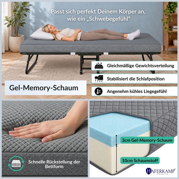Klappbett mit Gel Memory Schaum Matratze, 13 Zentimeter Gesamthöhe, stabilisiert die Schlafposition und bietet eine gleichmäßige Gewichtsverteilung.