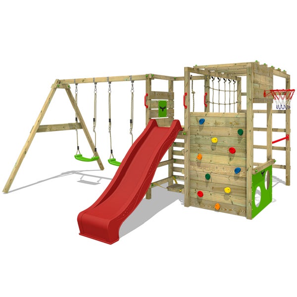 FATMOOSE Klettergerüst Spielturm ActionArena mit Schaukel und Rutsche, Gartenspielgerät mit Leiter und Spiel-Zubehör - rot