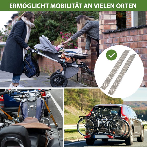 Mehrere Szenen zeigen Rampen im Einsatz für Kinderwagen, Motorrad und Fahrradträger