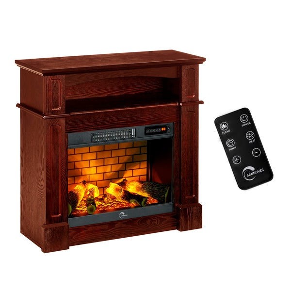 Elektrischer Kamin mit Umrandung aus dunklem Holz, dekorativen Holzscheiten und Fernbedienung.