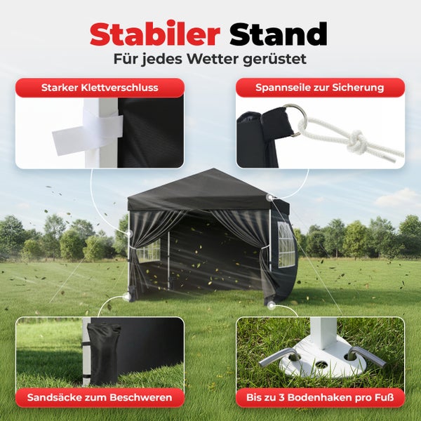 Faltpavillon mit vier abnehmbaren Seitenwänden, zwei mit Fenster und zwei mit Reißverschluss, höhenverstellbar per Knopfdruck bis zu 2,70 Meter.