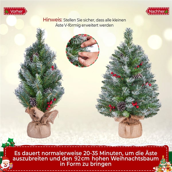 Vorher-Nachher-Vergleich eines 92 Zentimeter hohen Weihnachtsbaums mit Schnee und roten Beeren vor hellem Hintergrund