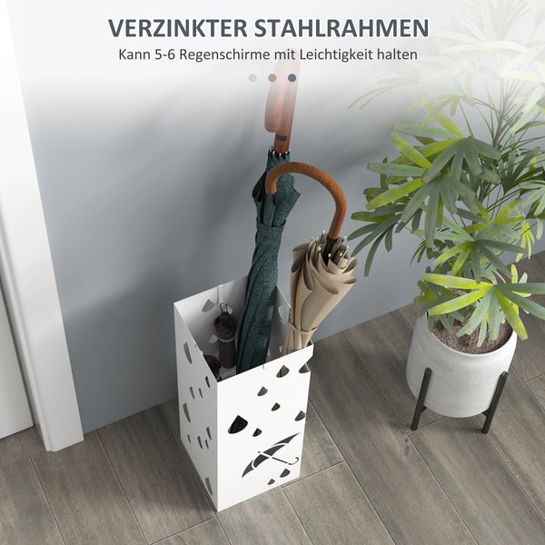 HOMCOM Regenschirmständer Schirmständer mit 4 Haken, Wasserauffangschale Regenschirmhalter für Flur, Regenschirme & Gehstöcke Stahl 15,5 x 15,5 x 40 cm Weiß