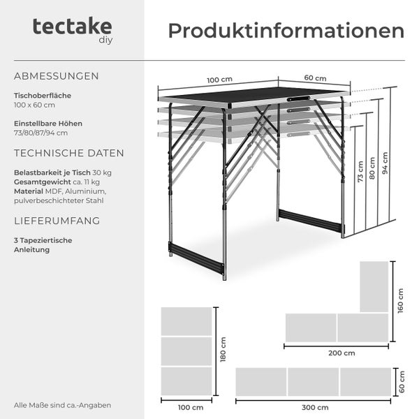 Produktinformationen zu drei Tapeziertischen von tectake mit Abmessungen und technischen Daten