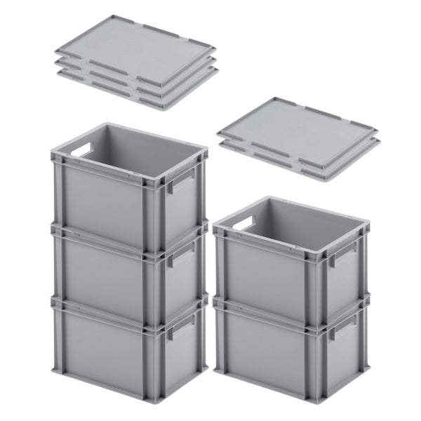 PROREGAL SuperSparSet 5 x Eurobehälter Mit Offenem Griff und Auflagedeckel HxBxT 23,5 x 30 x 40 cm 22 Liter Grau Eurobox Transportbox