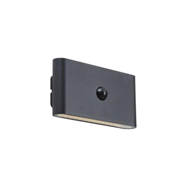 Rechteckige LED-Außenwandleuchte in Anthrazit mit integriertem Bewegungsmelder.
