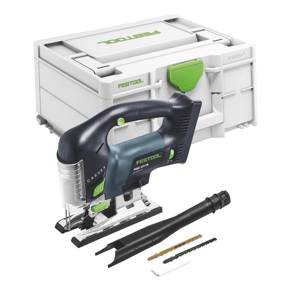 Festool Akkumulator-Pendelstichsäge Carvex PSBC 420 EB im Systainer mit Zubehör wie Absaugstutzen, Sägeblättern und Innensechskantschlüssel.