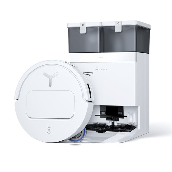 Weißer Ecovacs Saugroboter mit OMNI-Station und Wassertanks für automatische Reinigung und Laden.