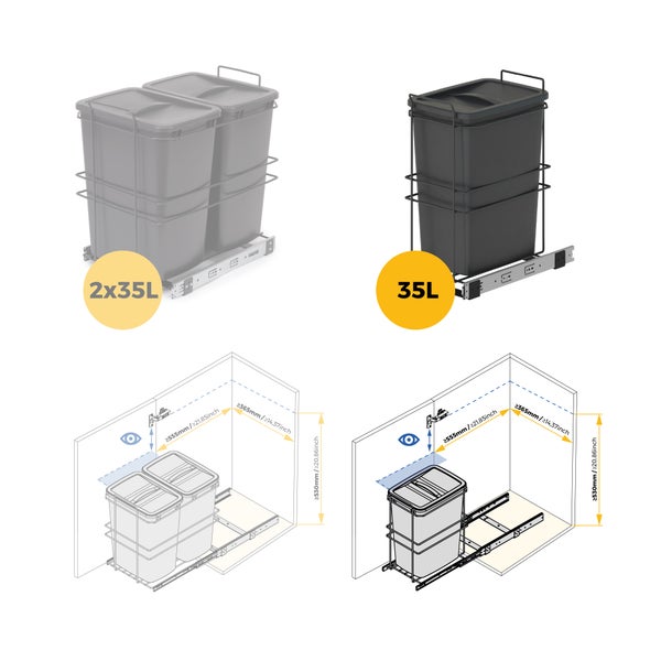 Produktansicht und Einbauskizze für ausziehbare Abfalleimer mit Fassungsvermögen von zweimal 35 Liter und einmal 35 Liter.
