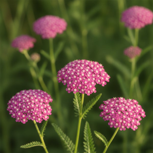 Rosa Schafgarbe Achillea millefolium mit doldenartigen Blütenständen und farnartigen Blättern.