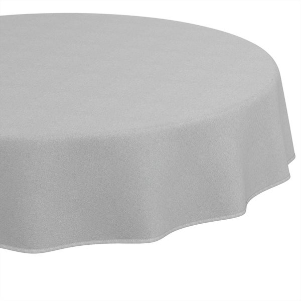 Runde Tischdecke aus Stoff in Hellgrau.