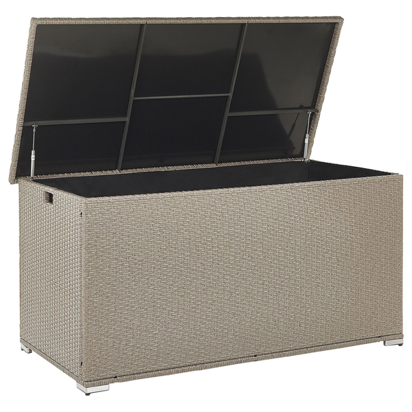 Geöffnete Gartenbox aus Kunststoffgeflecht mit Deckel