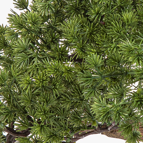 Detailaufnahme einer künstlichen Pflanze mit grünen Nadeln und braunen Zweigen.