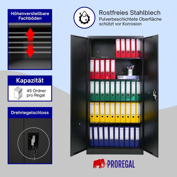 Metall-Aktenschrank mit höhenverstellbaren Fachböden, Kapazität für 45 Ordner und Drehriegelschloss. Rostfreies Stahlblech. Proregal Logo.
