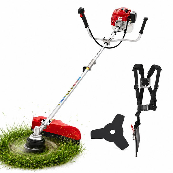 Benzin-Motorsense mit Zweihandgriff, Schultergurt und Schneidblatt beim Mähen von Gras.