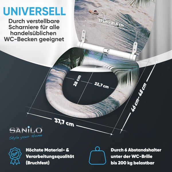 SANILO WC-Sitz mit Strandmotiv, 37,7 mal 46 bis 48 Zentimeter, verstellbare Scharniere, belastbar bis 200 Kilogramm, SANILO Logo.