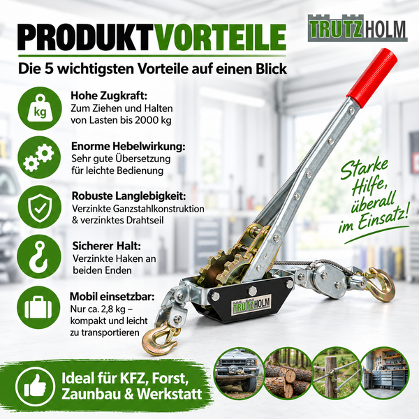 Trutzholm Seilzug mit 2000 Kilogramm Zugkraft und Hebelmechanik fuer KFZ, Forst und Werkstatt inklusive Produktvorteilen als Infografik