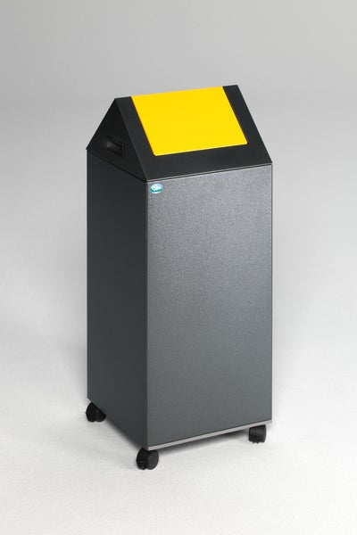PROREGAL Selbstlöschender Wertstoffsammler Spitz Mit Einwurfklappe 60 Liter HxBxT 80 x 32 x 32 cm Verzinkter Stahl Grau Gelb